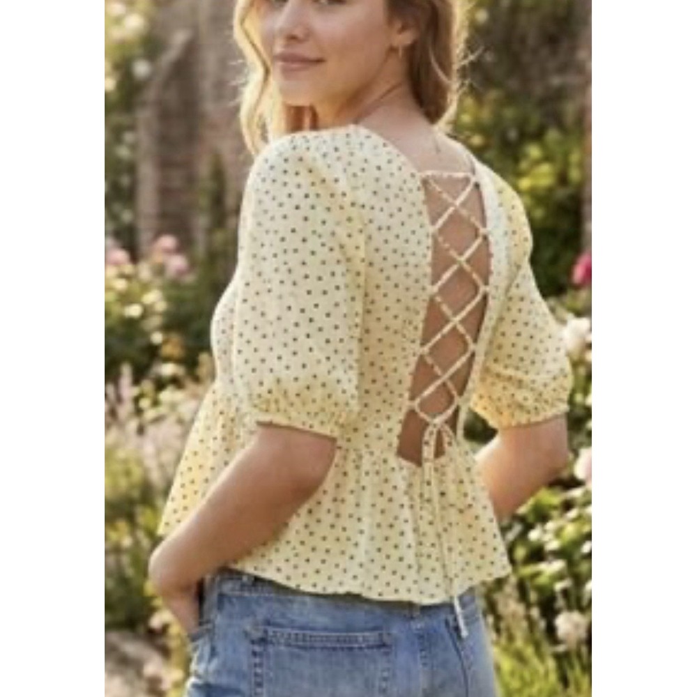 Urban outfitters yellow polka dot summer Y2K babydoll top sz L A008979